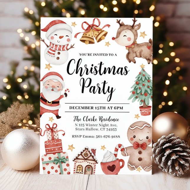 Acuarela de invitación de fiesta de navidades (Cute Christmas Party Invitation)