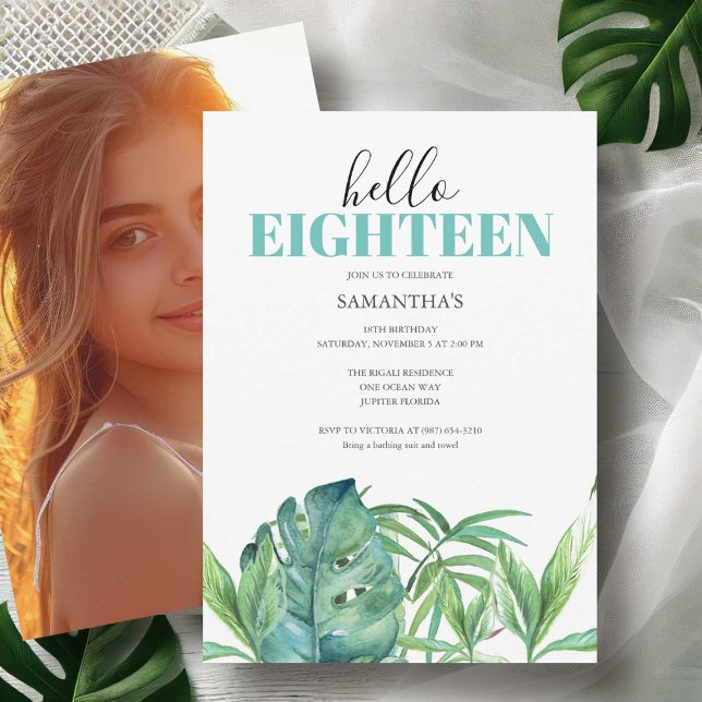 Acuarela de invitaciones de la fiesta de Luau 18º  (18th birthday invitations watercolor tropical palm leaf art by Victoria Grigaliunas Do Tell A Belle)