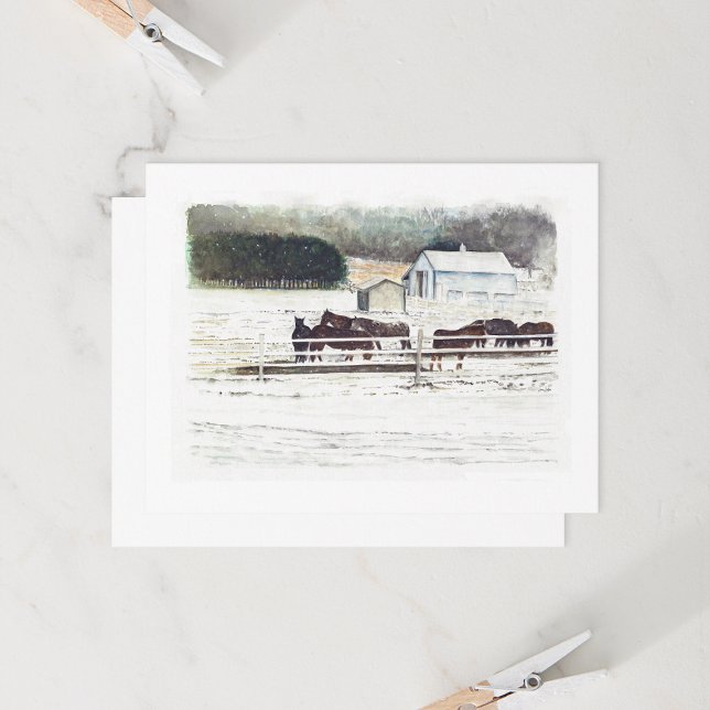 Acuarela de la granja de caballos de invierno (Winter Horse Farm Watercolor by Jenn Steffen Art for Jenn's Emporium.)