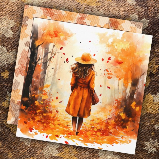 Acuarela de otoño Chica tranquilo caminando (Subido por el creador)