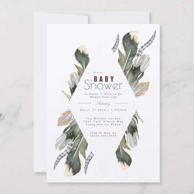 Acuarela de plumas | Invitación de Boho Baby Showe (Anverso)