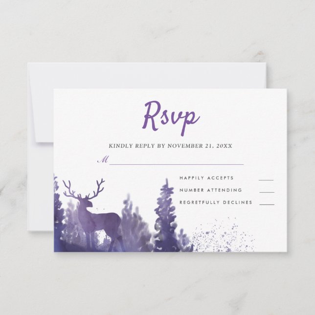 Acuarela de reno Boda violeta de invierno RSVP (Anverso)