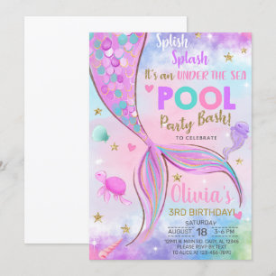 acuarela de sirena chica y invitación de cumpleaño