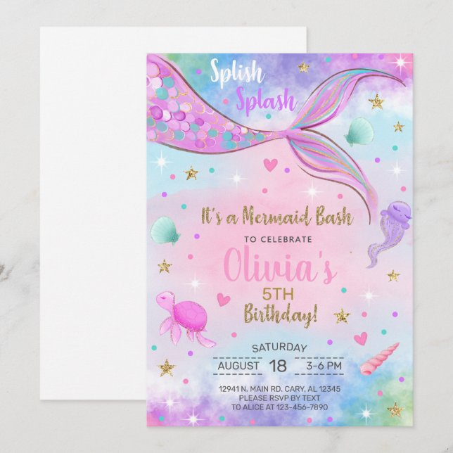 acuarela de sirena chica y invitación de cumpleaño (Anverso / Reverso)