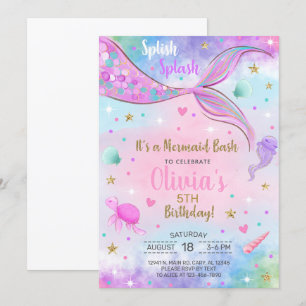 acuarela de sirena chica y invitación de cumpleaño