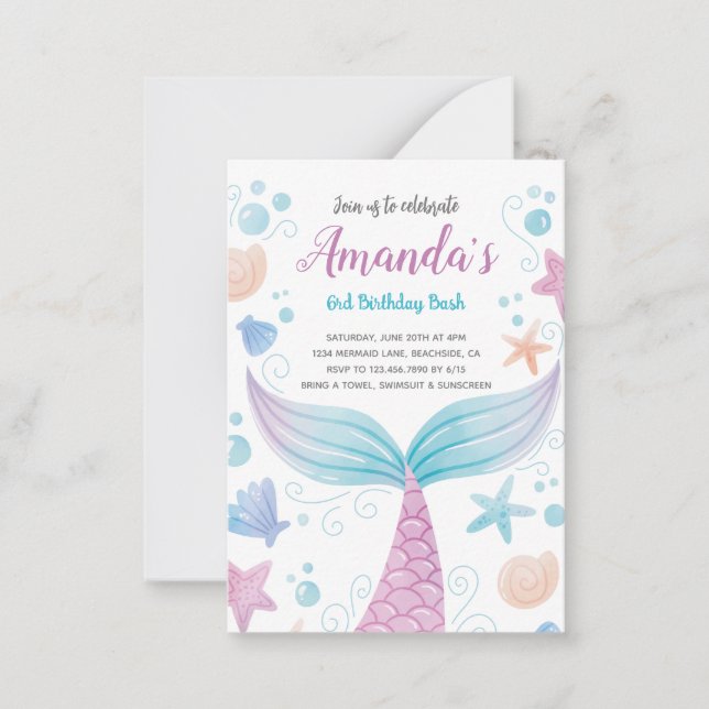 Acuarela de sirena Invitación de cumpleaños (Anverso)