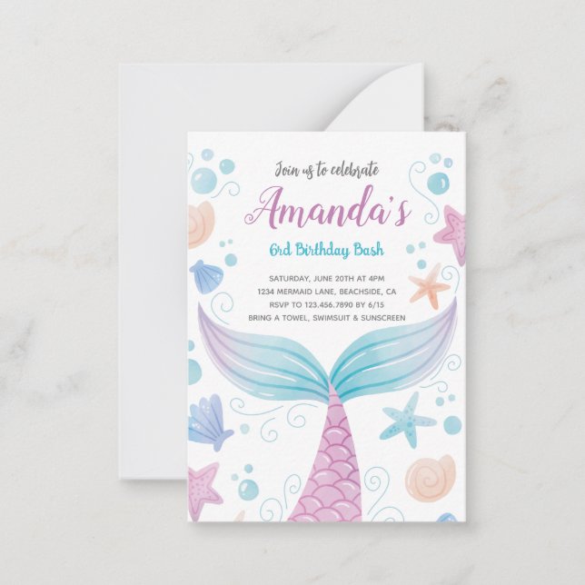 Acuarela de sirena Invitación de cumpleaños (Anverso)