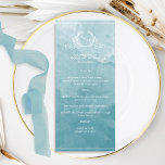 Acuarela de vidrio marino de moda, menú Boda de mo<br><div class="desc">Agradable con su agradable carta boda de acuarela de cristal de mar. Elegante monograma botánico dibujado a mano con iniciales de parejas sobre un exquisito fondo acuarela en una bonita mezcla de vidrio, salvia y tonos verde azulados turquesa y acuático. Fácil rellenar la plantilla con sus detalles y menú y...</div>