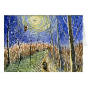 Acuarela del erizo, del búho, de la luna y de las