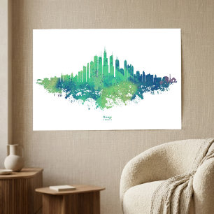Acuarela del horizonte de Chicago azul verde arte 