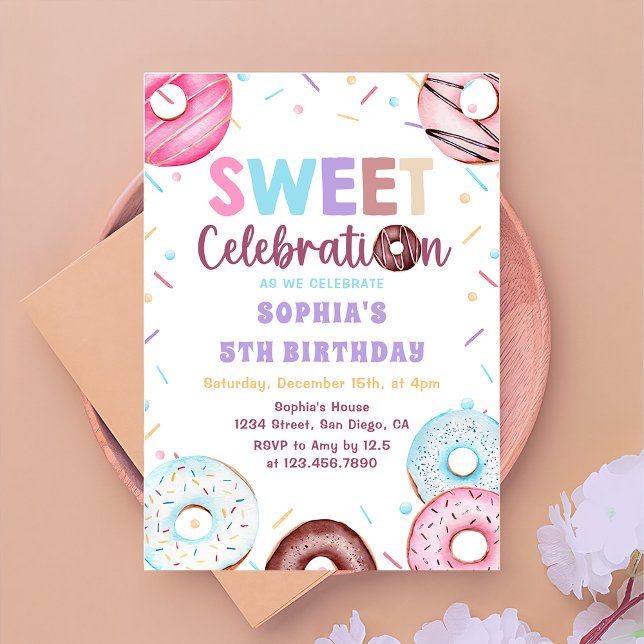 Acuarela Donut Sweet Birthday Party Invitación (Subido por el creador)