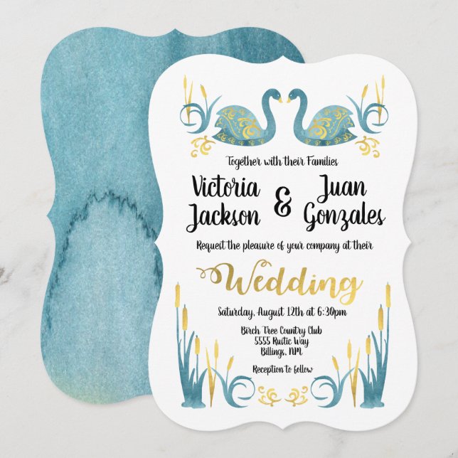 Acuarela dorada Cisnes Invitaciones a la boda (Anverso / Reverso)