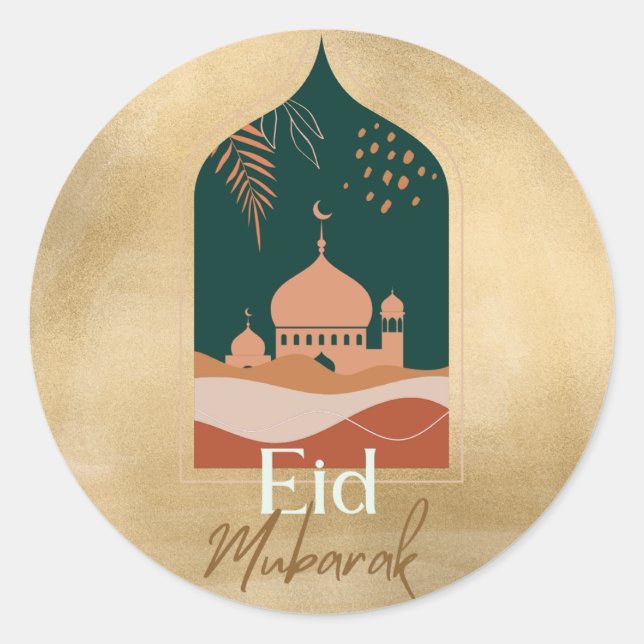 Acuarela dorada Eid Mubarak Eid Pegatina (Anverso)