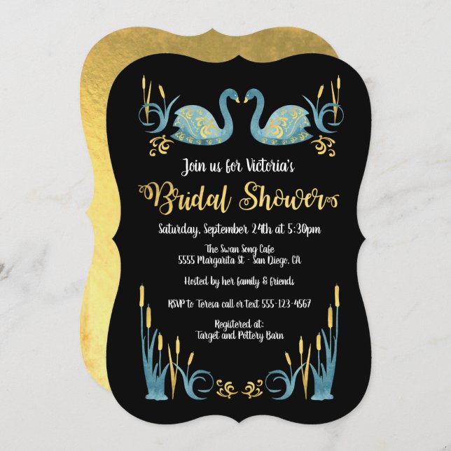 Acuarela dorada Swans Bridal Shower Invitación (Anverso / Reverso)