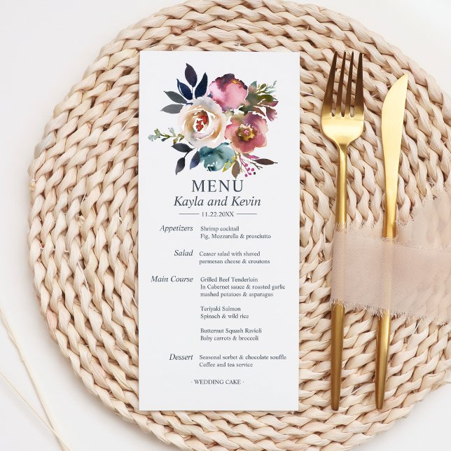 Acuarela Dusty Blue Mauve Floral Boda MENU (Watercolor Dusty Blue Mauve Floral Wedding MENU)