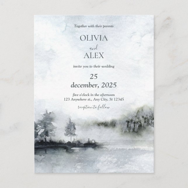 Acuarela elegante en invierno Invitación a la boda (Anverso)