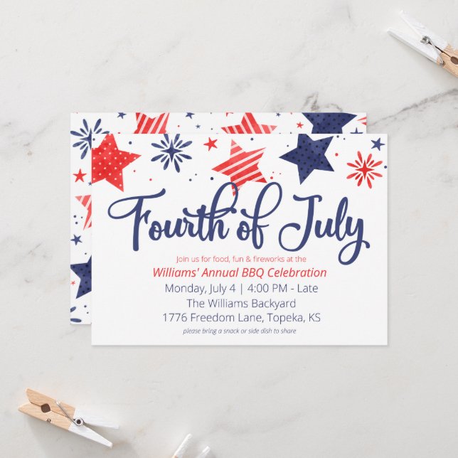 Acuarela Estrellas de cuatro de julio invitaciones (Anverso/Reverso In Situ)