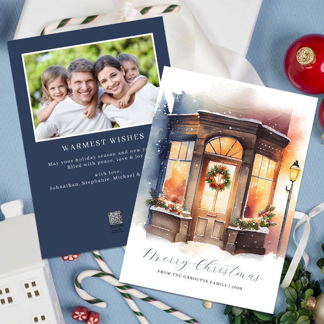 Acuarela festiva Foto Feliz Navidad (Merry Christmas Navy Blue Watercolor Photo Holiday Card)