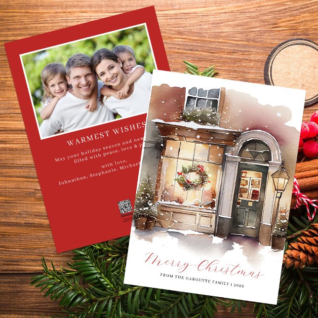Acuarela festiva Foto Feliz Navidad (Merry Christmas Watercolor Photo Red Holiday Card)