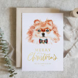 Acuarela festiva Perro pomerano Feliz Navidad<br><div class="desc">Feliz Navidad! Envíe sus deseos de vacaciones a la familia y amigos con esta tarjeta postal de Navidades de Relieve metalizado de oro de personalizable. Presenta una acuarela de Pomerania con corbata de arco. Personaliza esta tarjeta de Navidades adorables añadiendo tus detalles. Esta tarjeta postal de Navidades peruanos de Pomerania...</div>