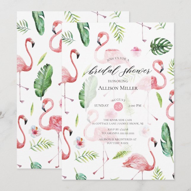 Acuarela Flamingo Rosa Invitación a ducha de novia (Anverso / Reverso)