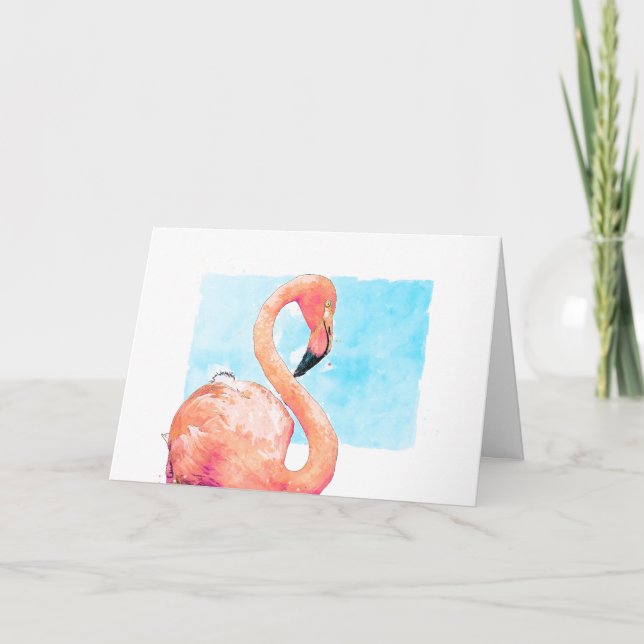 Acuarela Flamingo Saludo en blanco rosado (Anverso)