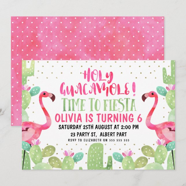 Acuarela Flamingos Invitación a fiesta de cumpleañ (Anverso / Reverso)