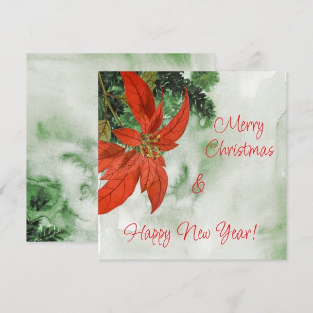 Acuarela Flor de Nochebuena Roja Feliz Navidad  (Anverso / Reverso)