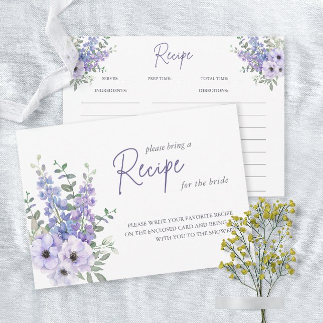 Acuarela Flor púrpura Ducha de novia Tarjeta de re (Watercolor Purple Flower Bridal Shower Recipe Card)
