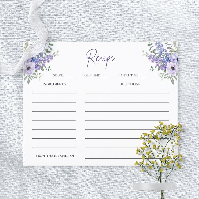 Acuarela Flor púrpura Ducha de novia Tarjeta de re (Watercolor Purple Flower Bridal Shower Recipe Card)