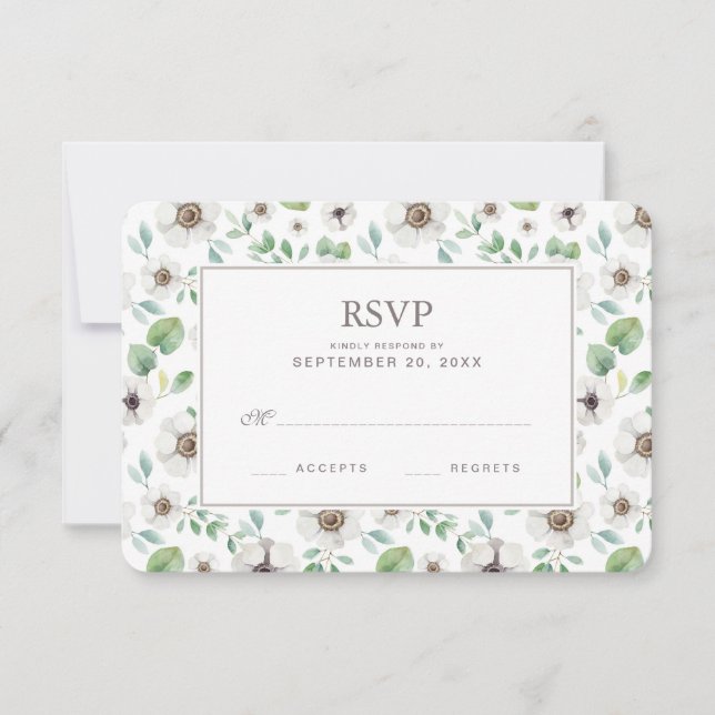 Acuarela floral | Anémona blanca - RSVP de boda (Anverso)