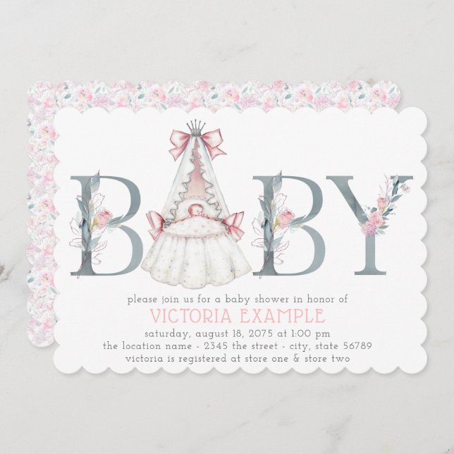 Acuarela Floral Bebé Chica Invitación a la ducha (Anverso / Reverso)