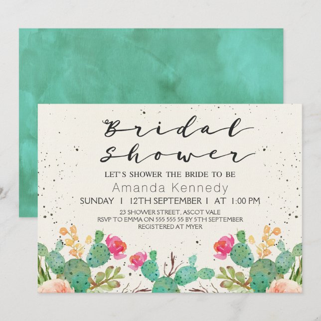 Acuarela Floral Cactus Bridal Shower Invitación (Anverso / Reverso)