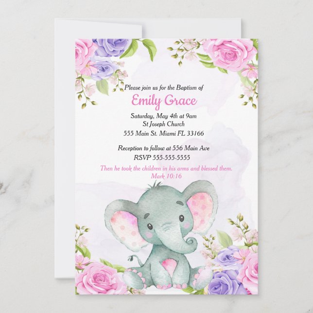 Acuarela Floral Elefante Chica Bautismo Invitación (Anverso)