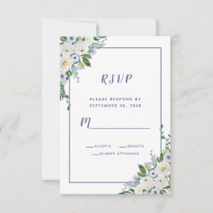 Acuarela Floral Elegante Boda Blanco Azul RSVP