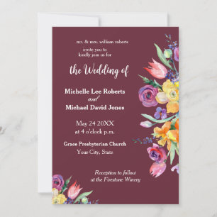 Acuarela Floral en Invitación de Boda Burgundy