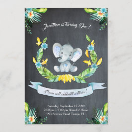 Acuarela floral Invitación al elefante, niño prime