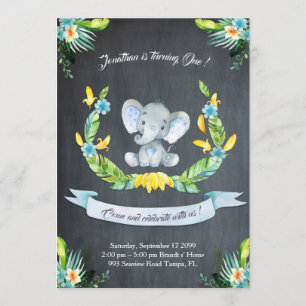 Acuarela floral Invitación al elefante, niño prime