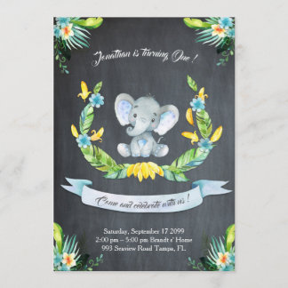 Acuarela floral Invitación al elefante, niño prime