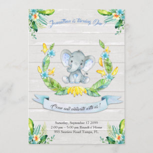 Acuarela floral Invitación al elefante, niño prime