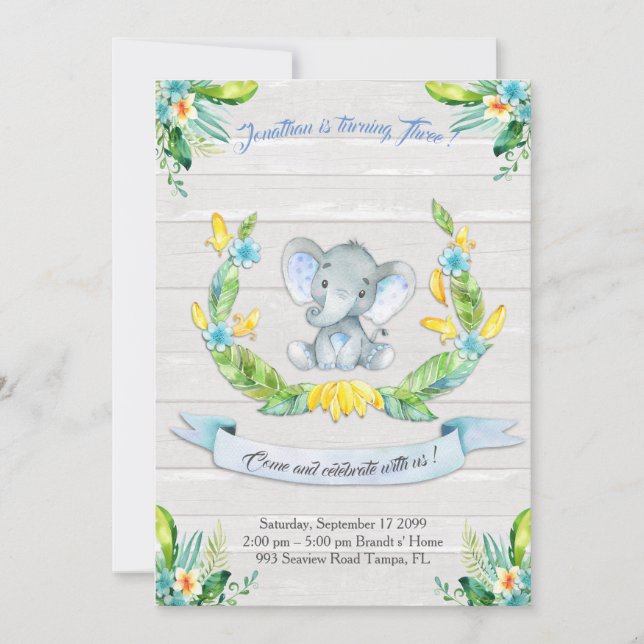 Acuarela floral Invitación al elefante, niño terce (Anverso)