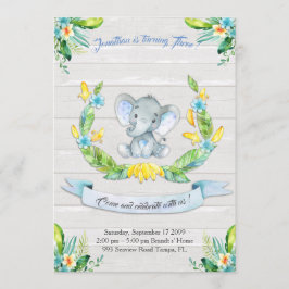Acuarela floral Invitación al elefante, niño terce