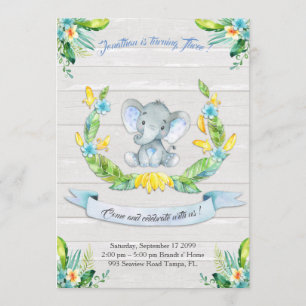 Acuarela floral Invitación al elefante, niño terce