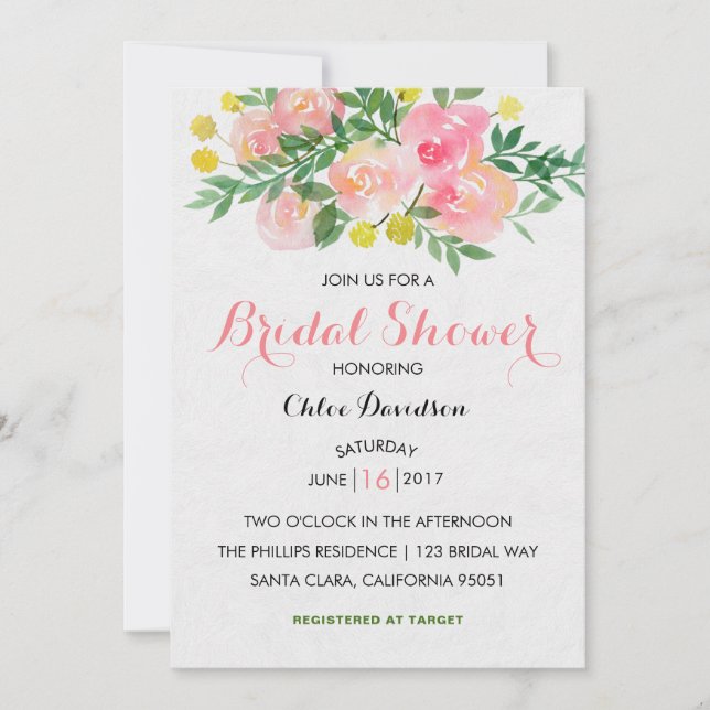 Acuarela Floral Jardín Bridal Invitación a la duch (Anverso)