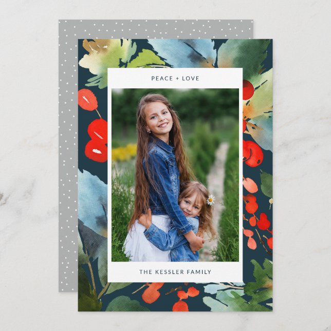 Acuarela Floral Navidad Estiloso Foto Azul (Anverso / Reverso)