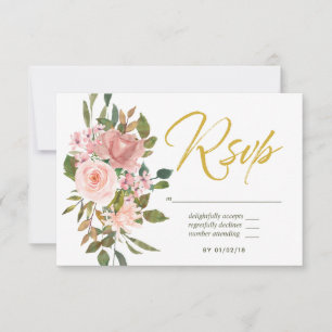 Acuarela floral RSVP de boda en rosa pálido y dora