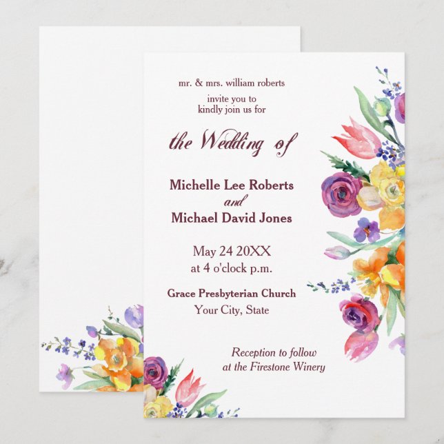 Acuarela floral sobre la invitación a la boda blan (Anverso / Reverso)