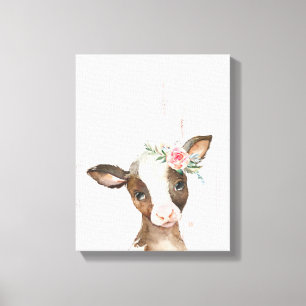 Acuarela Floral Vaca Marrón, Arte de Animales Bebé