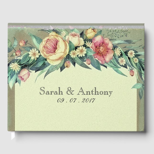 Acuarela Floral Verde y Boda rosa Libro de invitad (Anverso)