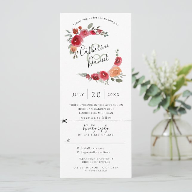 acuarela floral wreath invitación de boda w rsvp (Anverso de pie)